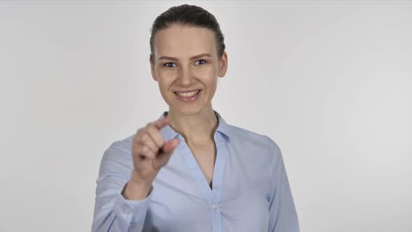 Inviting Gesture By Young Businesswoman on White Background