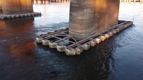 Low aerial view or the pylons on Tenbridge railroad bridge in Chattanooga on the Tennessee River.