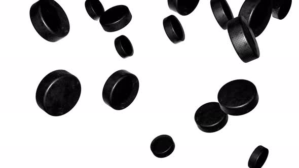 Many hockey pucks falling down on white background.