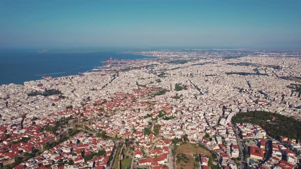 Aerial Drone View of Thessaloniki or Salonica North Greece Big Modern City Located Near Thermaikos