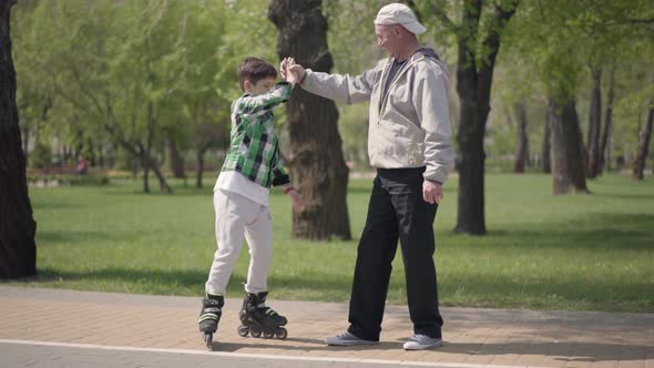 Adorable Boy in Checkered Shirt Rollerblading in the Park, His Grandfather Catching Him