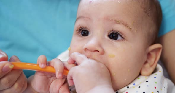 Mother Holds the Baby in Her Arms and Feeds Her Boy with a Spoon