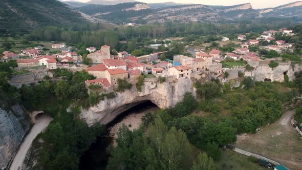 Aerial View of The Natural Arch of Puentedey Village in Burgos Castilla y Leon Spain