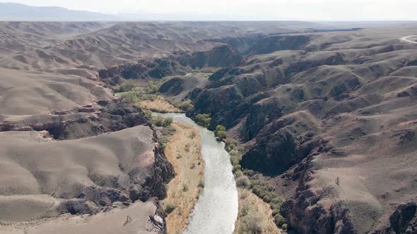 Drone Shot of River Charyn Canyon Desert Mountains in Kazakhstan