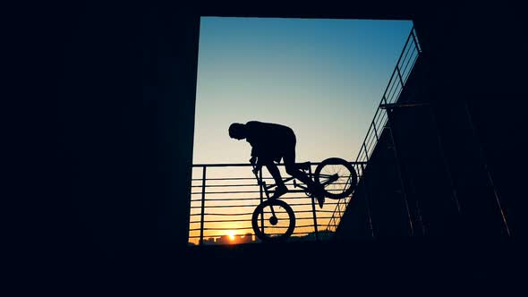 Man Standing on a Bike on a Sunset Background