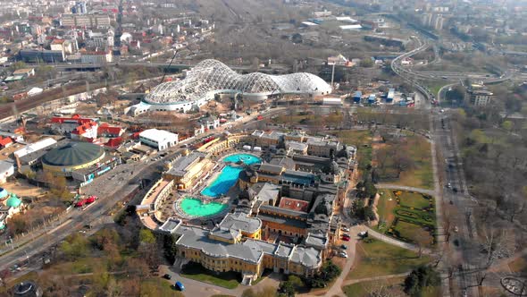 Beautiful view in the morning from the top of the Szechenyi baths. Hungary.