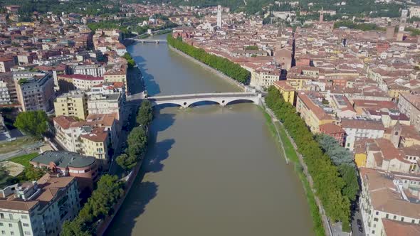 Verona Italy Aerial View of River and Bridges