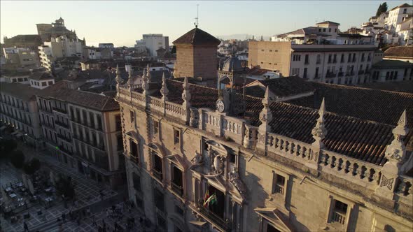 Detailed facade of Royal Chancellery of Granada in Spain; aerial view