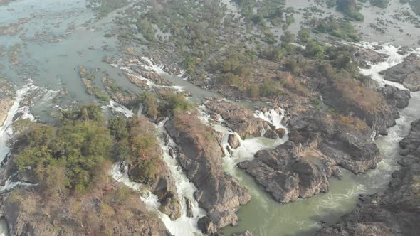 Aerial: flying over Don Det and the 4000 islands Mekong River in Laos