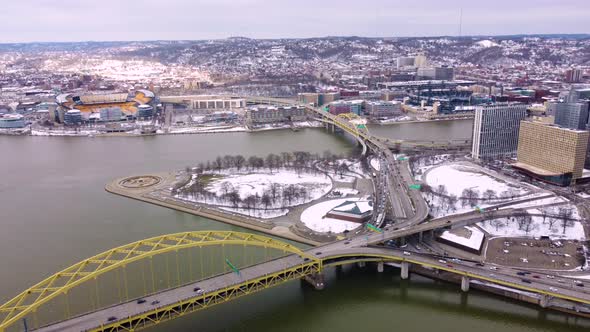 Aerial View of Pittsburgh Point state park at three rivers