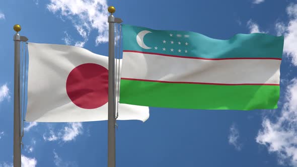 Japan Flag Vs Uzbekistan Flag On Flagpole