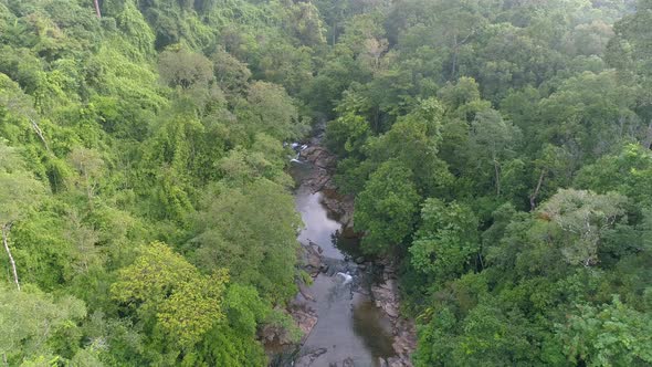 Flying Drone over River to Falls in Jungle