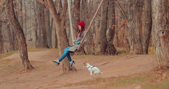 Girl is Swinging on a Rope in the Forest a Small Dog is Sitting and Waiting for the Mistress