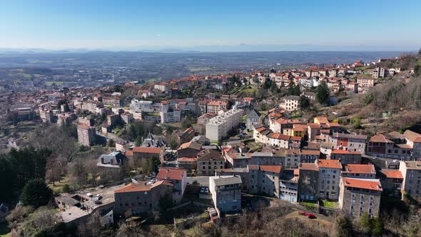 Aerial View of Dense Historic Center of Thiers Town in PuydeDome Department AuvergneRhoneAlpes