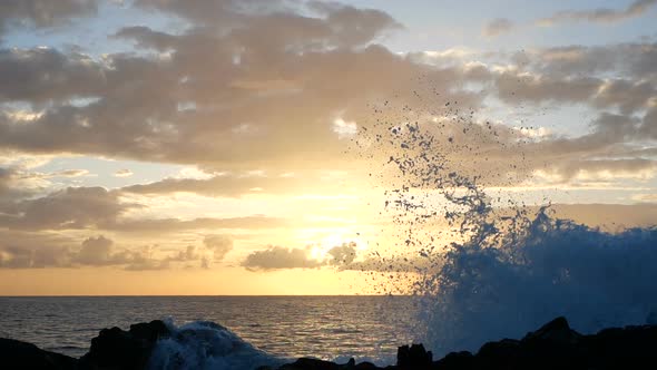 Waves Rise in the Air at Beautiful Sunset Light. Big Wave Is Crashing on Rocks and Spraying