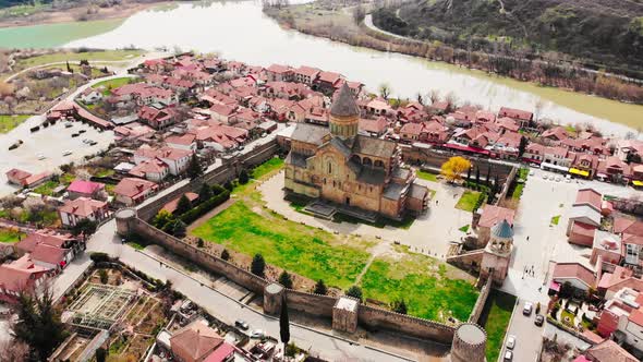 Fly Over Mtskheta Cathedral Surrounded By Walls