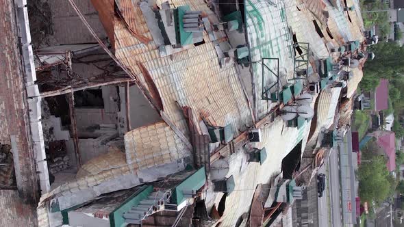 Vertical Video of a Wartorn Building in Ukraine