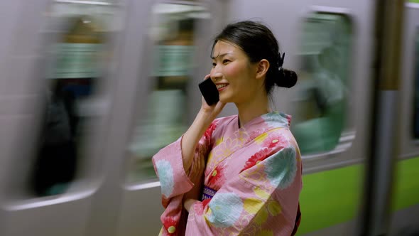 Japanese Woman Kimono Tokyo Japan Train