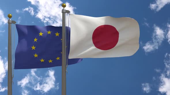 European Union Flag Vs Japan Flag On Flagpole