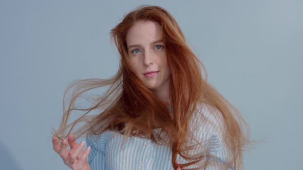 Gingerhead Red Hair, Ginger Hair Model with Blue Eyes on Blue Background