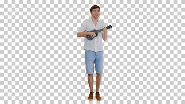 Smiling young man playing ukulele and, Alpha Channel