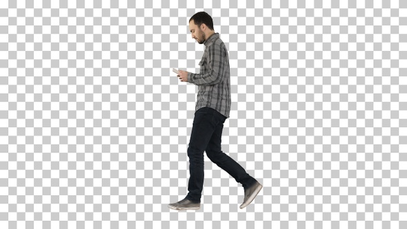 Confident serious man walking and working in tablet, Alpha Channel