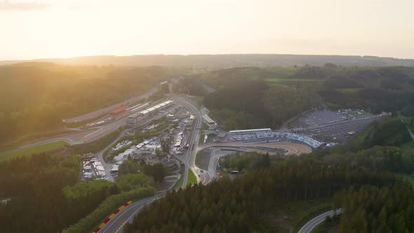 Aerial view above sunrise woodland countryside Circuit De spa-Francorchamps racetrack Stavelot Belgi