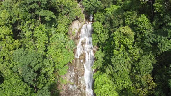 Aerial view greenish surrounding at waterfall