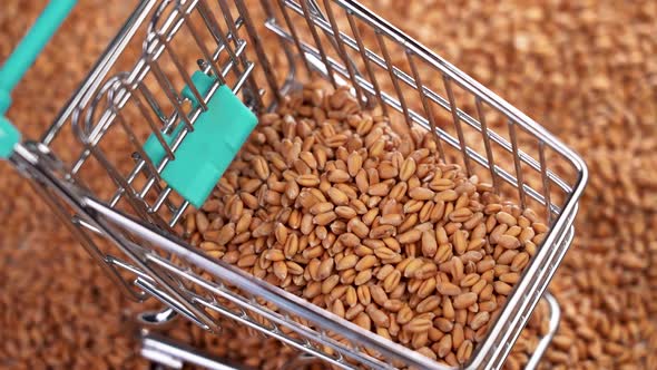 Wheat grains falling into a mini supermarket cart in slow motion