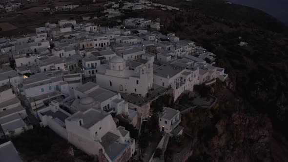 Wide View Over a Greek Village After Sunset, Aerial 