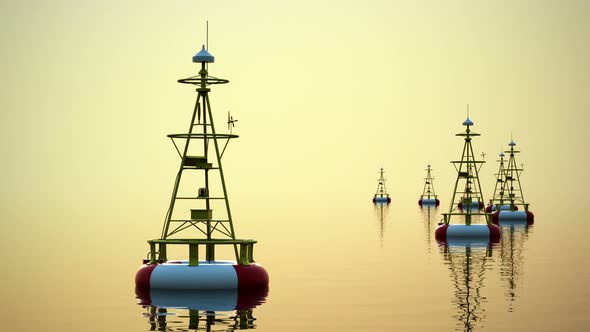 The sunrise time-lapse animation of buoys floating at the sea or ocean. HD