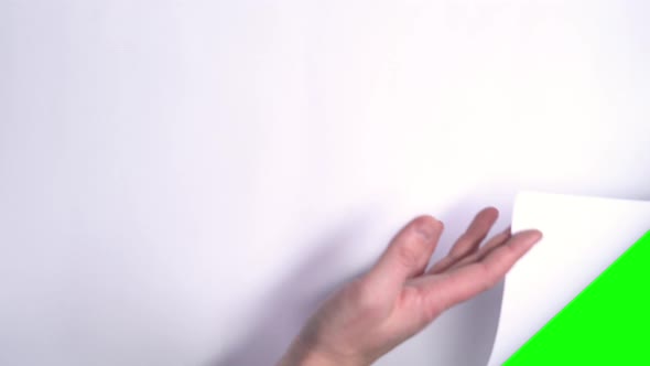 Male Hand Flips a White Sheet of Paper on a Green Screen.
