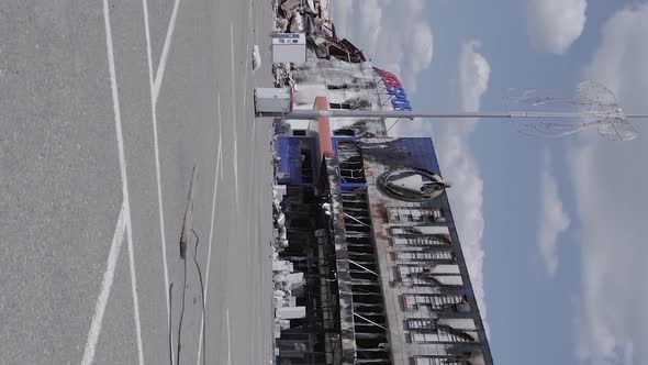 Vertical Video of a Burned Down Shopping Center in Bucha Ukraine During the War