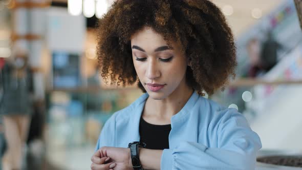 Portrait African American Girl Looking at Wrist Watch Waiting Date with Boyfriend Business Meeting