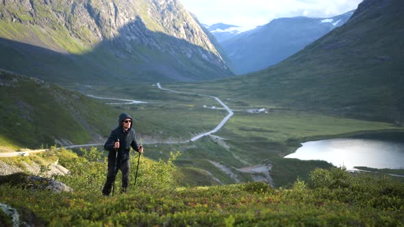 Nordic Walking on the Scenic Mountain Trail in the Norway