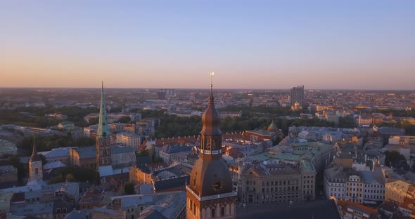 Aerial view of the sunset over Old town of Riga
