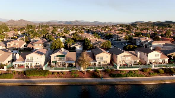 Aerial View of Menifee Lake and Neighborhood, Residential Subdivision Vila During Sunset
