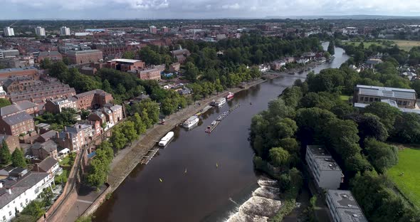 Aerial push in shot above the River Dee towards Chester