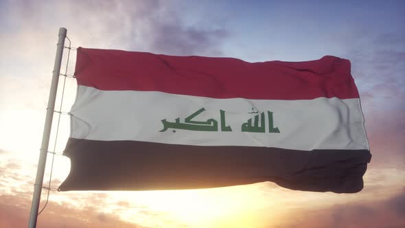 Flag of The Iraq Waving in the Wind Sky and Sun Background