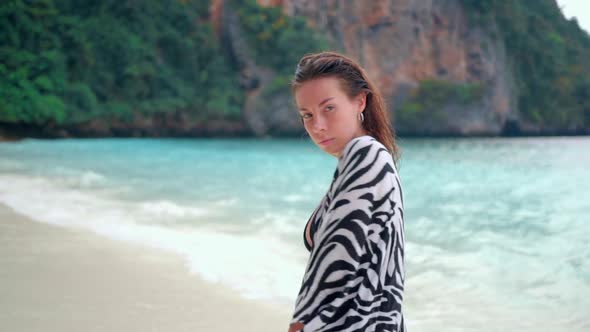 Brunette Model Posing on the Tropical Paradise Beach Dresses on Zebra Tunic