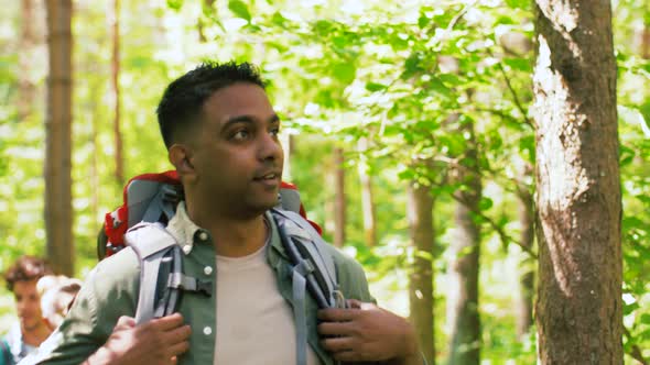 Group of Friends with Backpacks Hiking in Forest