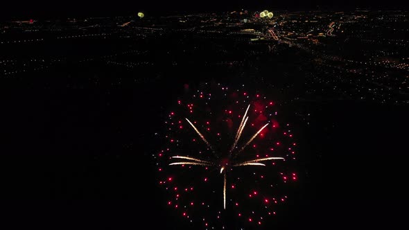 View of fireworks and fireworks from a bird's-eye view over the city of Minsk