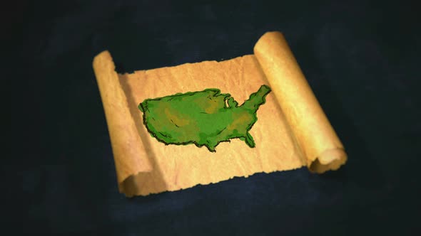 America Map Painting Unfolding Old Paper Scroll 3D