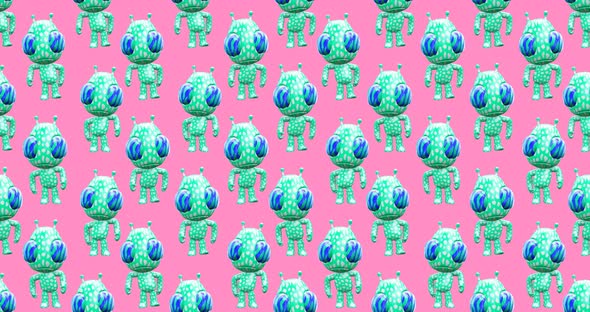 4k motion design. 3d animation seamless pattern. Funny alien in abstract space