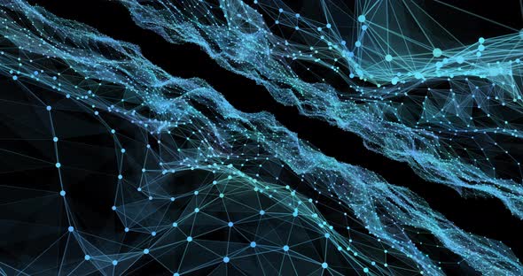 Blue geometrical shapes and webs of connections against black background alt