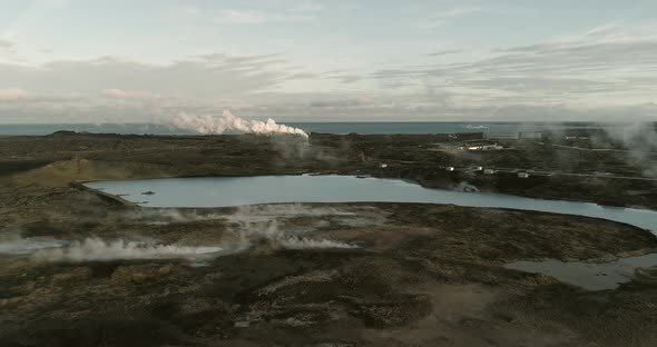 Aerial View of Gunnuhver Hot Springs and Geothermal Power Plants in Iceland