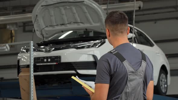 Rear View Shot of a Car Mechanic Filling Papers