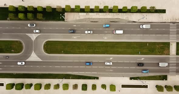 Top Down Aerial View of Freeway Busy City Road Traffic Jam Highway.