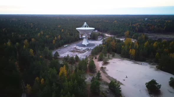 Aerial View of Super Secret Soviet Radio Telescope Near Abandoned Military Town Irbene in Latvia. 