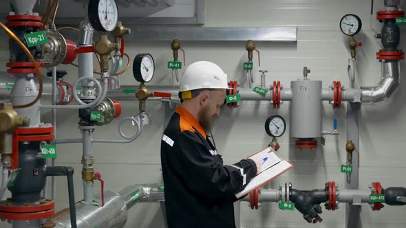 The Engineer Checks the Pressure Readings in the Pipeline Using Pressure Gauges and Compares Them